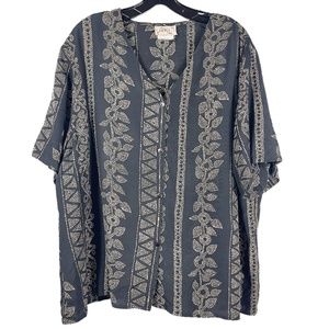 Black Print Button Front, V Neck, Short Sleeved Top